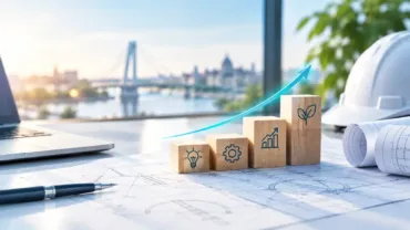 BPMK Mérnöki Innovációs és Fejlesztési Alap 2026 – fejlődést jelképező fakockák mérnöki tervrajzon, háttérben budapesti Duna-part